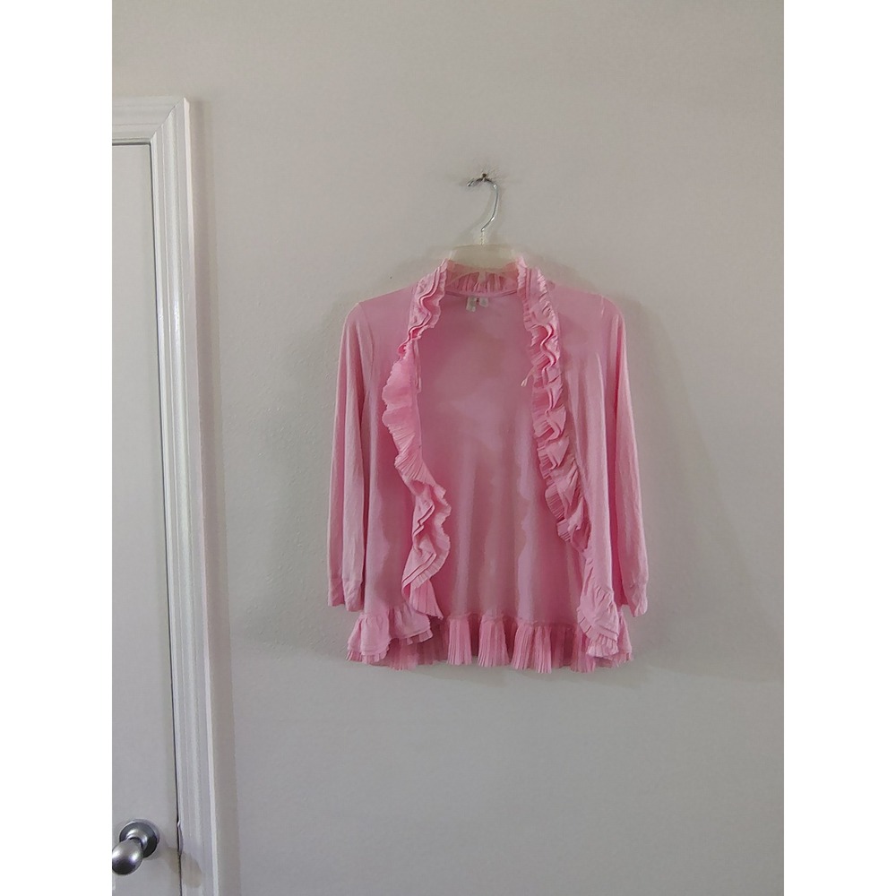 Madison Pink Ruffle‎ Open Front Cardigan Pleated Trim 3/4 Sleeve Small